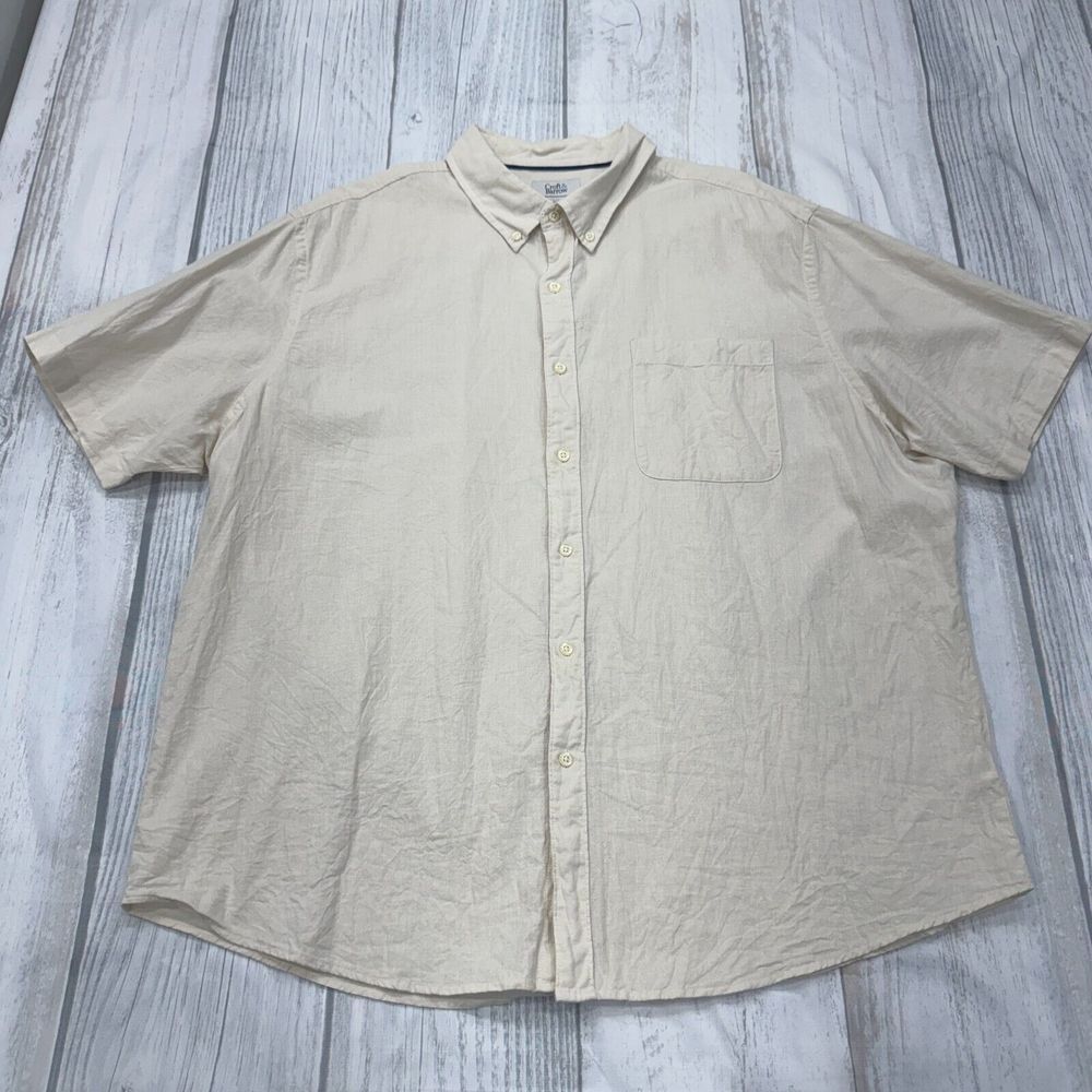 Croft & Barrow Linen Blend Button Shirt 2XL Short Sleeve Beige Beach Casual Mens
